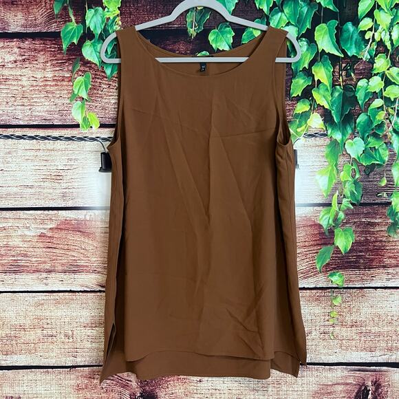Eileen Fisher Tops - Eileen Fisher Silk Georgette Tank Top Large Crepe Bateau Neck Brown Blouse Shirt